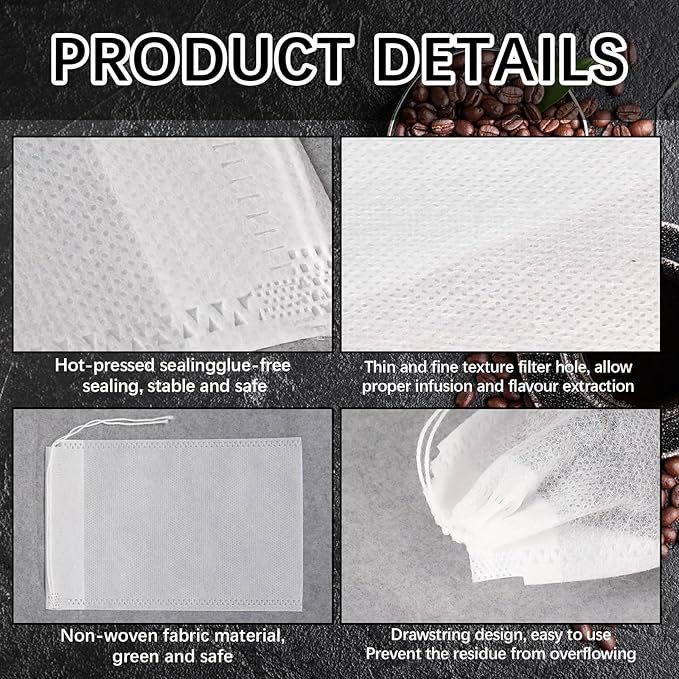 100 Pcs Cold Brew Bags 6x8 inch, No Mess Disposable Cold Brew Coffee Filter Pouches with Drawstring Large Empty Tea Bag for Loose Leaf Tea, Iced Coffee, Herbs, Spice, Home brewing, Hot pot