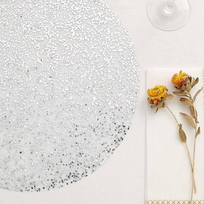 50 Pack 13" Metallic Silver Sequin Placemats - Round Sparkly Dust-Free Table Mats for Dining - Disposable Mesh Mats for Parties and Events