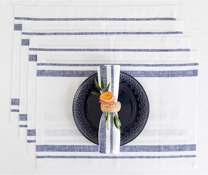 Solino Home Linen Placemats Set of 4 - French Stripe Navy and White Placemats 14 x 19 Inch - 100% Pure Linen Table Mats for Holiday, Winter