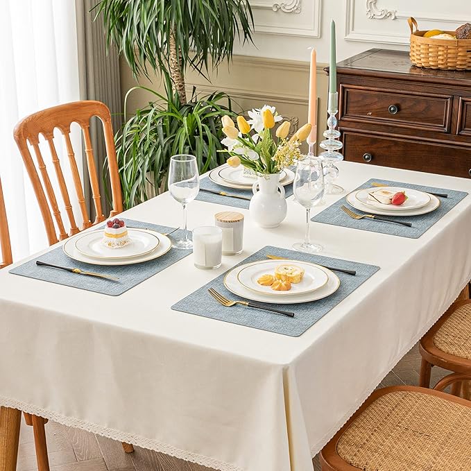Romanstile Vinyl Placemats Set of 12-12 X 17 Inch - Faux Leather 100% Waterproof Oil-Proof Wipeable Place Mats, Heat Resistant Reversible PU Table Mats for Kitchen Dining Party Outdoor, Sky Blue