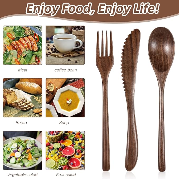 Geiserailie 12 Pcs Wooden Utensils for Eating Set Wooden Spoon Fork Knife Cutlery Set Kitchen Wood Utensils Dinner Flatware Tableware (Walnut Wood)