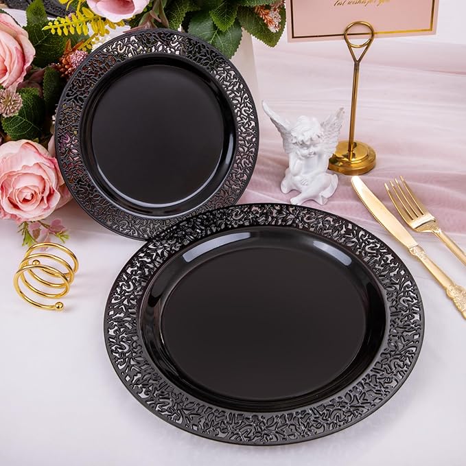 U-QE 150PCS Black Plastic Plates with Gold Plastic Silverware, Black New Years Plates Disposable for Party Include 30 Dinner Plates 10.25", 30 Salad Plates7.5", 30 Forks, 30 Knives, 30 Spoons