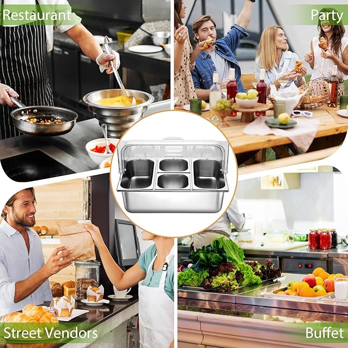 4 Pans Countertop Ice Food Serving Display Container and Clear Roll Top Cover Stainless Steel Condiment Dispenser Serving Tray Salad Bar Buffet Station for Restaurant Hotel Kitchen Party