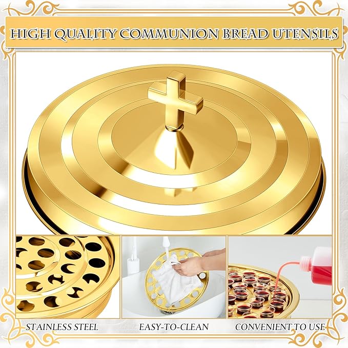 Zhehao 5 Sets Holy Communion Trays for Churches with Lid, Including 300 Disposable Communion Cups, 3 Churches Cup Fillers, 3 Spouts (Golden)