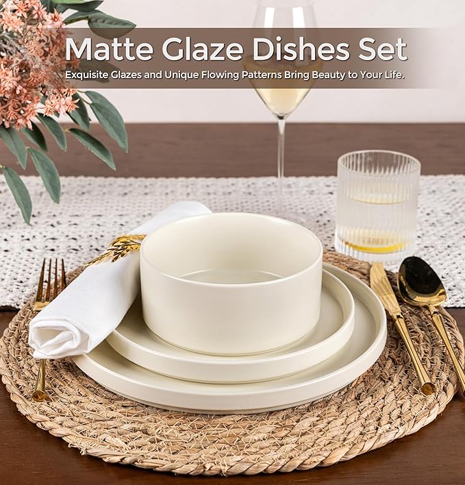 GBHOME Ceramic Dinnerware Sets for 4,Stoneware Plates and Bowls Sets,Chip and Crack Resistant | Dishwasher & Microwave Safe Dishes Set,Scratch Resistant- Service for 4 (12pc)-Matte Cream