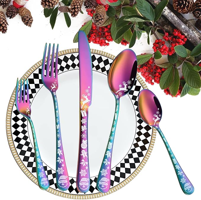 Vilihkc Christmas Style Silverware Set,20 Piece Stainless Steel Flatware Set, Kitchen Utensil Set Service for 4,Tableware Cutlery Set for Home and Restaurant,Dishwasher Safe