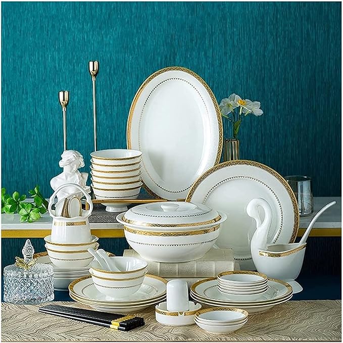 Dinnerware Set Luxury Family Dinner Service Set, 30/56/60PCS Ceramic Dinnerware Set Bone China Tableware Dishes Plates Ceramic Combination Dinner Service Set Po
