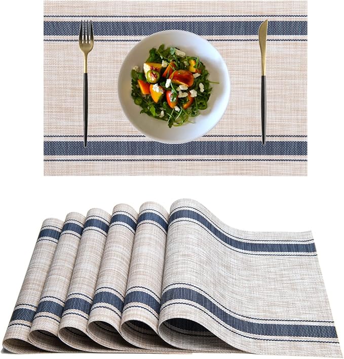 Placemats,PlasticVinyl Washable Heat-Resistant Durable PVC Non-Slip Woven for Kitchen Dining Table Mats (Set of 6, Blue Beige)