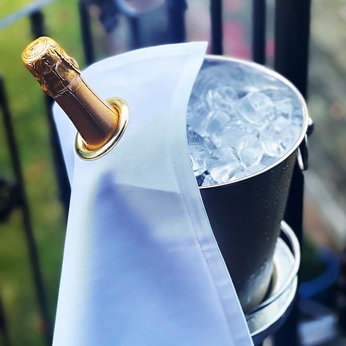 Classic Collection, Bottle Cloth with Metal Ring for Ice Buckets, Cotton, 42 cm, Corner Hole (White with Gold Metal Ring, Pack of 5)