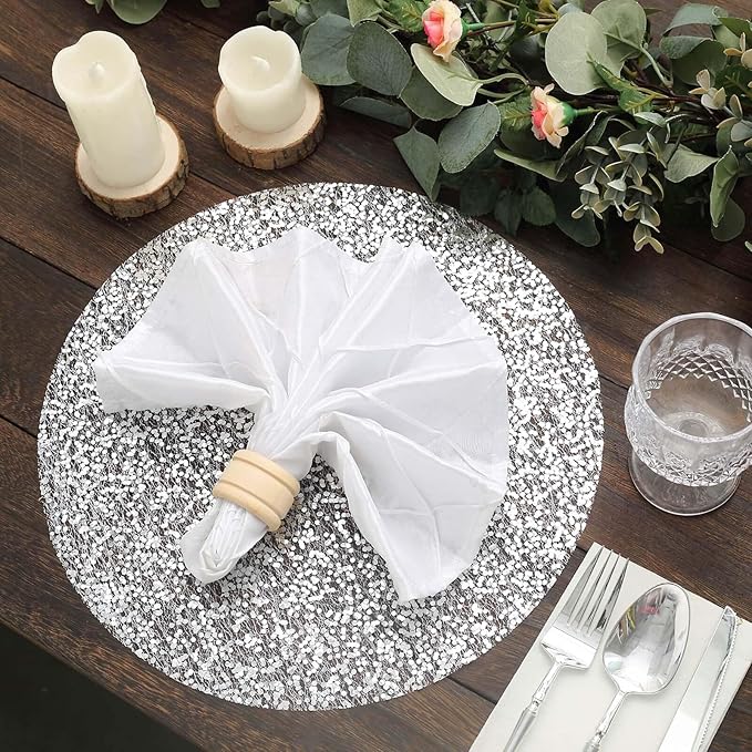 50 Pack 13" Metallic Silver Sequin Placemats - Round Sparkly Dust-Free Table Mats for Dining - Disposable Mesh Mats for Parties and Events
