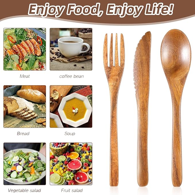Geiserailie 12 Pcs Wooden Utensils for Eating Set Wooden Spoon Fork Knife Cutlery Set Kitchen Wood Utensils Dinner Flatware Tableware (Teak Wood)