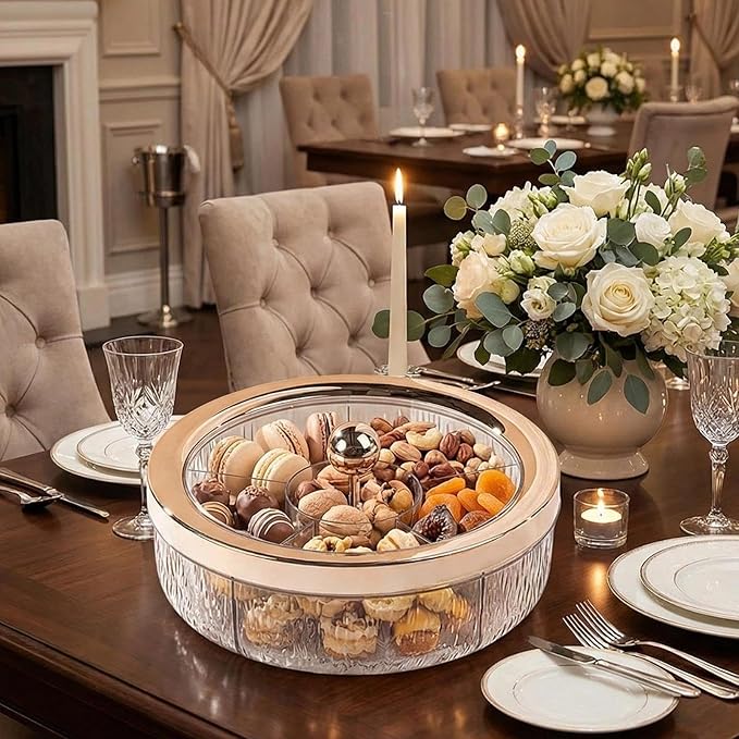 Divided Serving Tray with Transparent Lid Rotating Snack Tray Appetizer Platter Divided Dessert Dish Suitable for Living Room Gatherings GIF, Rose Golden Ball