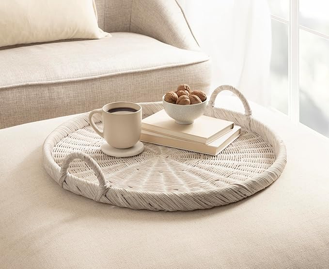 Kate and Laurel Cormont Modern Round Woven Rattan Tray with Handles; 23 Inch Diameter; Whitewash Rattan; Decorative Circle Boho Tray for Use as Versatile Ottoman Tray or Serving Platter