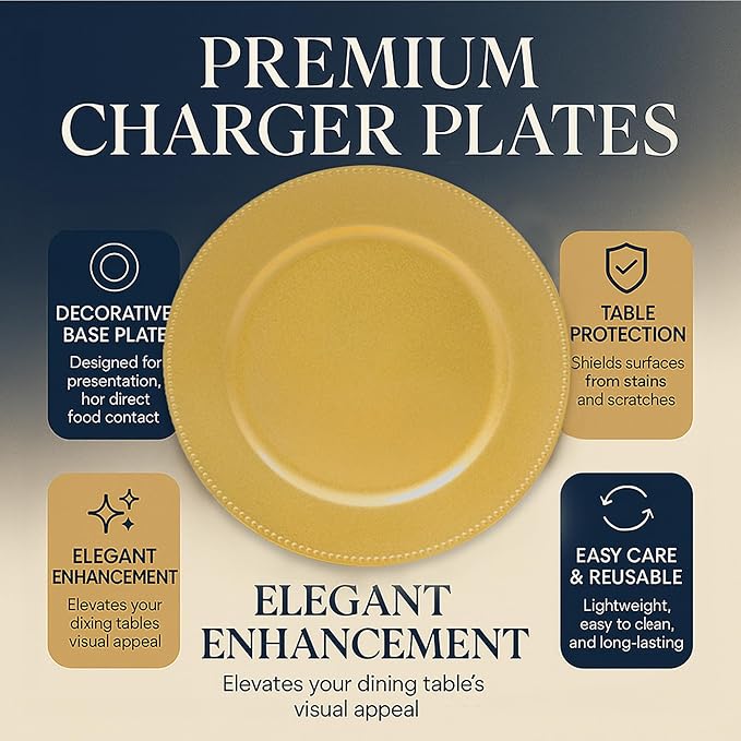 JEVERGN 10 Pack Gold Charger Plates, 13" Beaded Chargers for Dinner Plates, Gold Plate Chargers Set of 10, Round Plastic Charger for Wedding, Party Event, Dinner, Table Setting