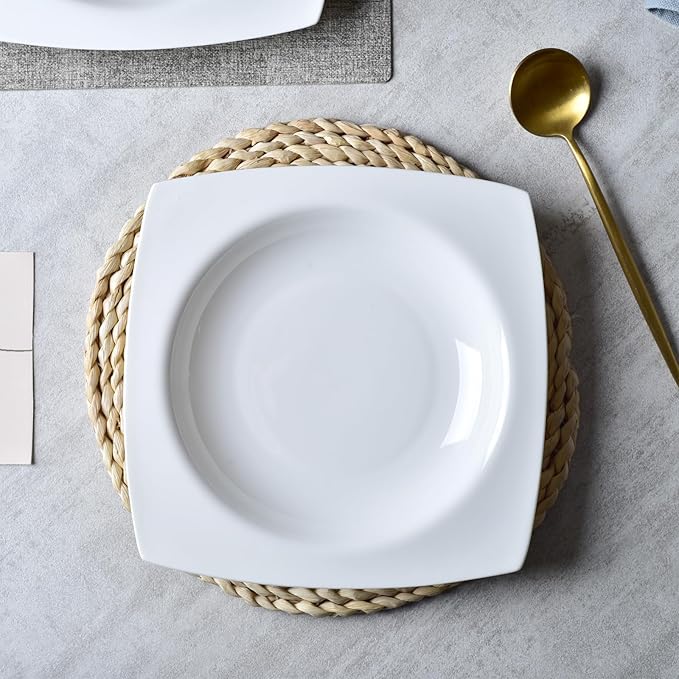 Vitrelle 6-Piece Salad Appetizer Plate Set Triple Layer Glass and Scratch Resistant, 9.25 Inch Square Plates, Winter Frost White