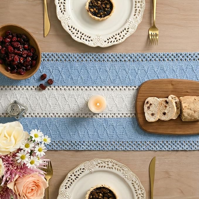 Artoid Mode Sky Blue Farmhouse Rustic Table Runner, Seasonal Hollow Kitchen Dining Table Decoration for Home Party Decor 12x48 Inch