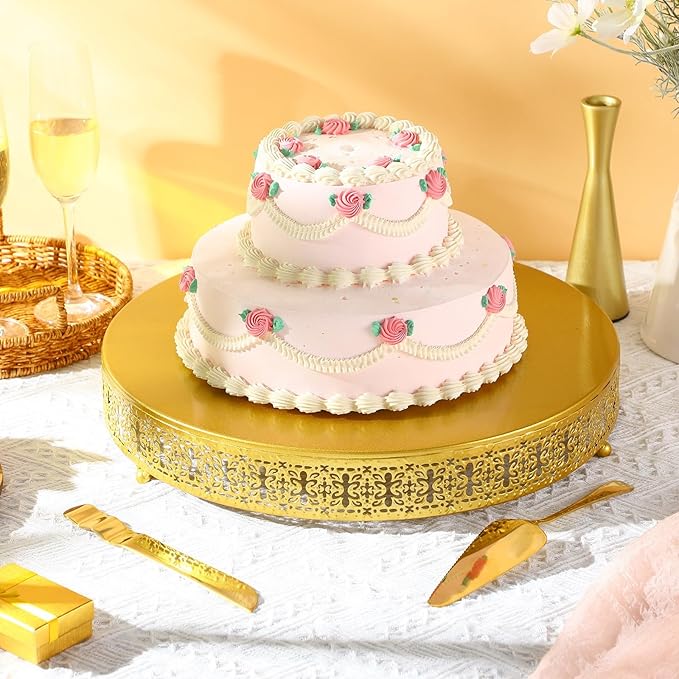 Wenqik Christmas Cake Stand 18 Inch Gold Metal Round Cupcake Dessert Stand with Cake Cutting, Spatula Xmas Cupcake Pastry Display Candy Holder Display for Christmas Wedding Birthday Party