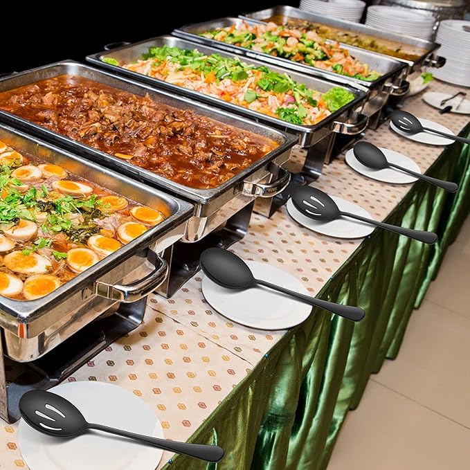 LIANYU 6-Piece Large Black Serving Spoons and Forks Set, 9.8 Inch Stainless Steel Buffet Catering Party Banquet Serving Spoon Fork, Mirror Finished, Dishwasher Safe