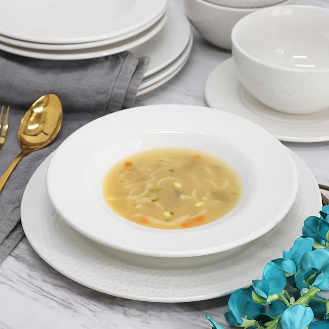 Elama Soyer 16 Piece Textured Design Double Bowl Porcelain White Dinnerware Set, Serveware, Tableware, Bowls, Plate Set (Soyer)