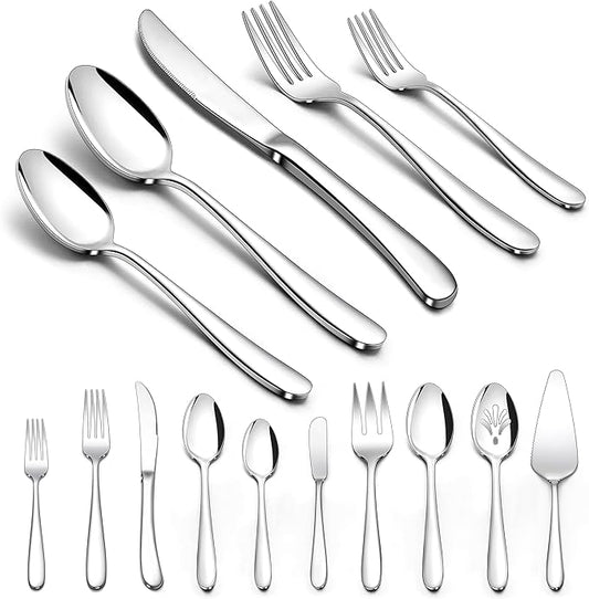 Herogo Heavy Duty Silverware Set with Serving Utensils, 45-Piece Stainless Steel Heavy Weight Modern Flatware Set for 8, Fancy Cutlery for Home Wedding, Dishwasher Safe, Mirror Finished