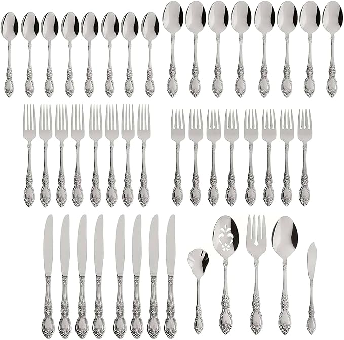 Oneida Silverware Set For 8, Wordsworth 45-Piece with Serving Utensils, Service For 8, Ornate Pattern, Mirror Finish, 18/0 Stainless Steel, Dishwasher Safe, Knives Spoons and Forks (Silver, 45 Pieces)