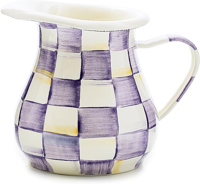 MACKENZIE-CHILDS Enamel Creamer, Creamer Dispenser with Pour Spout, 14-Ounce Capacity, Purple-and-White Violet Check