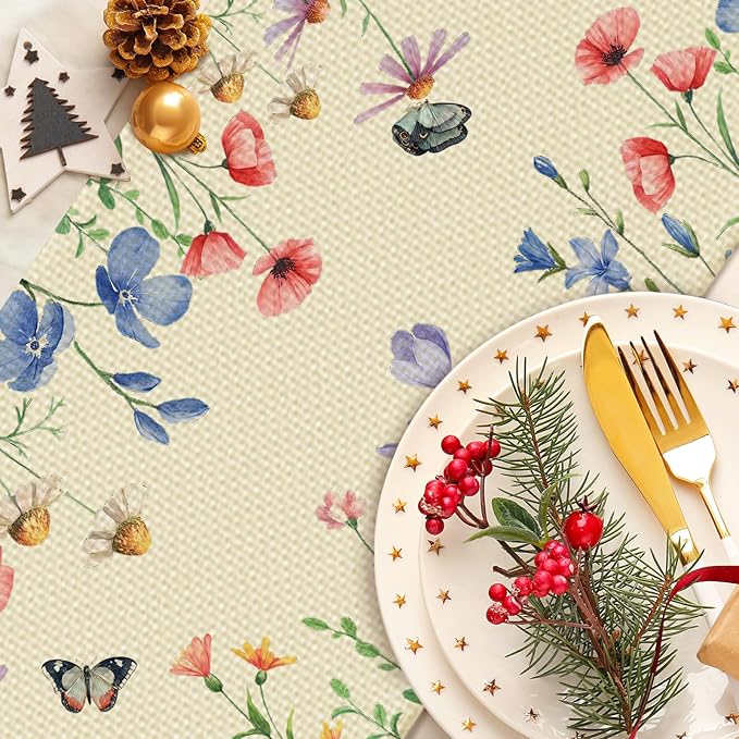 Retro Butterfly Flowers Table Runner Seasonal Spring Kitchen Dining Linen Table Decoration for Indoor Outdoor Home Party Decor 13 x 72 Inch