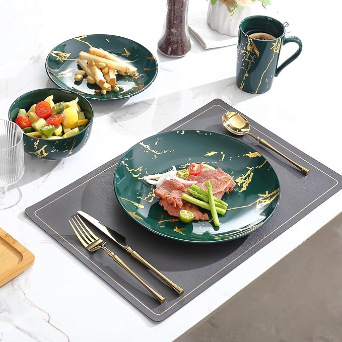 Modern Porcelain 16 Piece Green Dinnerware Set,Plates and Bowls Sets,Gold Dish Set for 4,Green Dinnerware Set,Dinner Sets with Dinner Plates.