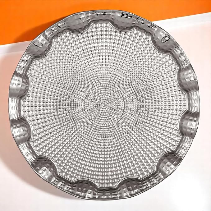 Alisveristime Round Metal Serving Tray for 6 – Ottoman Motif, (13.8" Diameter, 17.5 oz) (Silver)