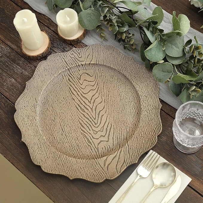 Efavormart 6 Pack | 13" Rustic Natural Wooden Textured Acrylic Charger Plates With Scalloped Rim