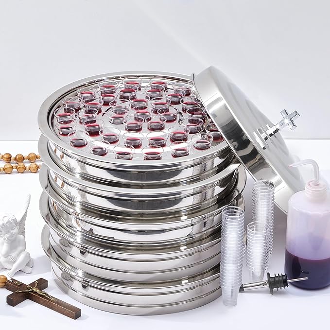 Zhehao 5 Sets Holy Communion Trays for Churches with Lid, Including 300 Disposable Communion Cups, 3 Churches Cup Fillers, 3 Spouts (Silver)