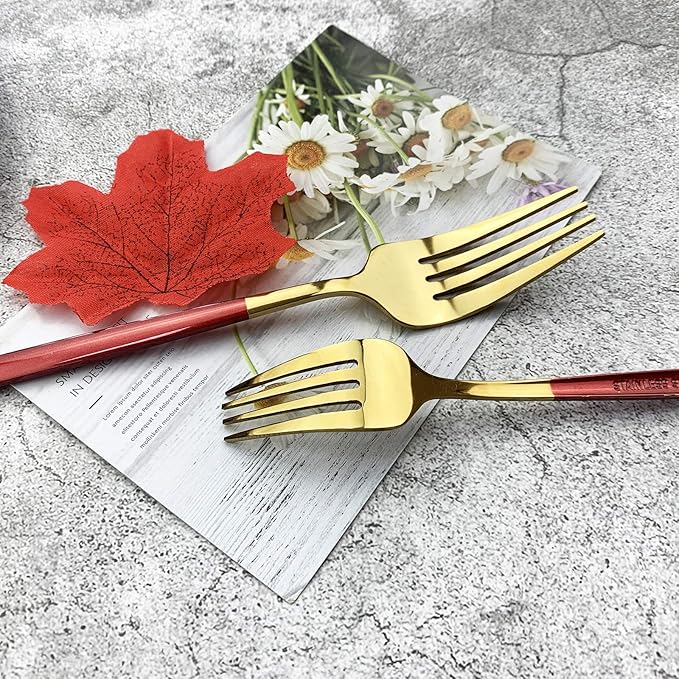 JASHII 18/10 Silver Silverware Set Stainless Steel Flatware Utensils Set Gold Cutlery Set| 24-Piece Modern Cubiertos Dorados| BEST Birthday Wedding Gift (4 sets, Red Handle Gold Mirror Polish)