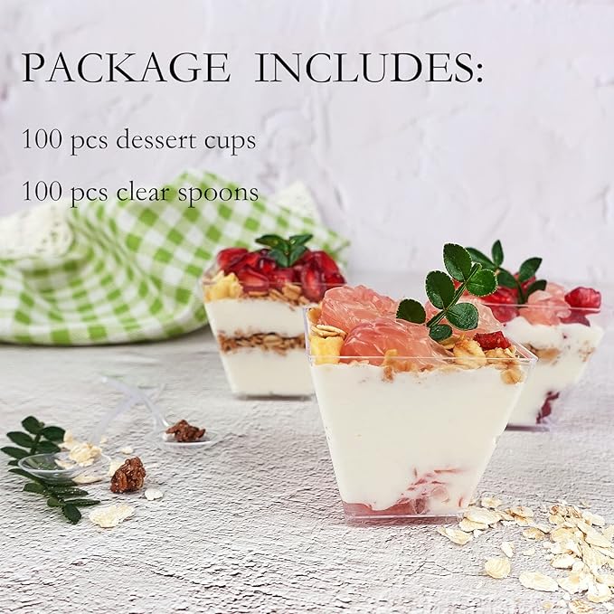 100 Pack 2 oz Mini Dessert Cups with Spoons, Square Clear Plastic Appetizer Cups, Reusable Parfait Cups, Small Dessert Bowls for Serving Fruit Ice Cream Pudding Yogurt