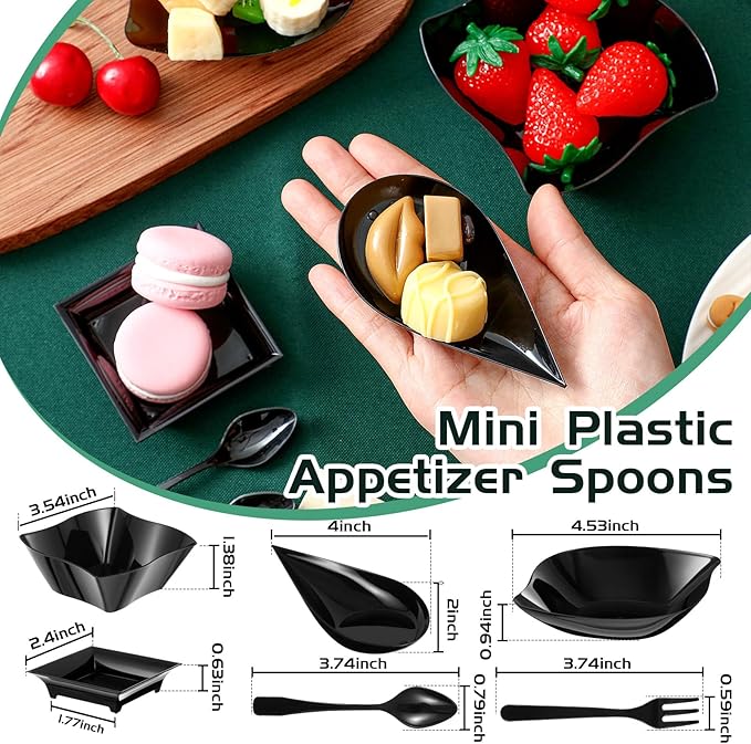 Tessco 200 Pcs Mini Appetizer Plates with Spoons Forks Disposable Mini Dessert Plates Plastic Appetizer Bowls Tiny Individual Serving Trays for Party(Black,Classic)