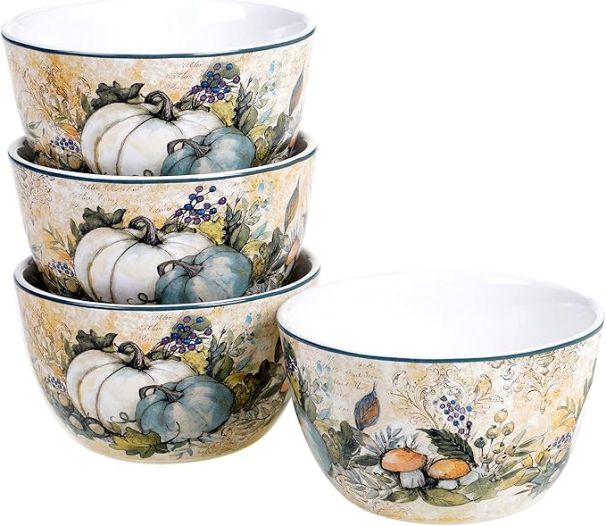 Harvest Gatherings 16-Piece Ceramic Dinnerware Set, Service for 4 – Multicolor Fall Plates, Bowls & Mugs with Pumpkin & Pheasant Design – Autumn Tableware for Thanksgiving, Cabin & Holiday Hosting