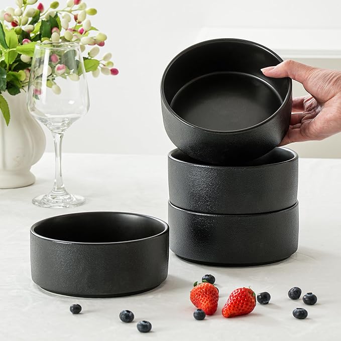 26 OZ Cereal Bowl, 6 Inch Ceramic Bowls Sets for 4, Suitable for Breakfast, Soups, Oatmeal, Ramen, Pho, Udon and Ssoba, Dishwasher & Microwave Safe, Handcrafted Bowls Sets,Modern Black