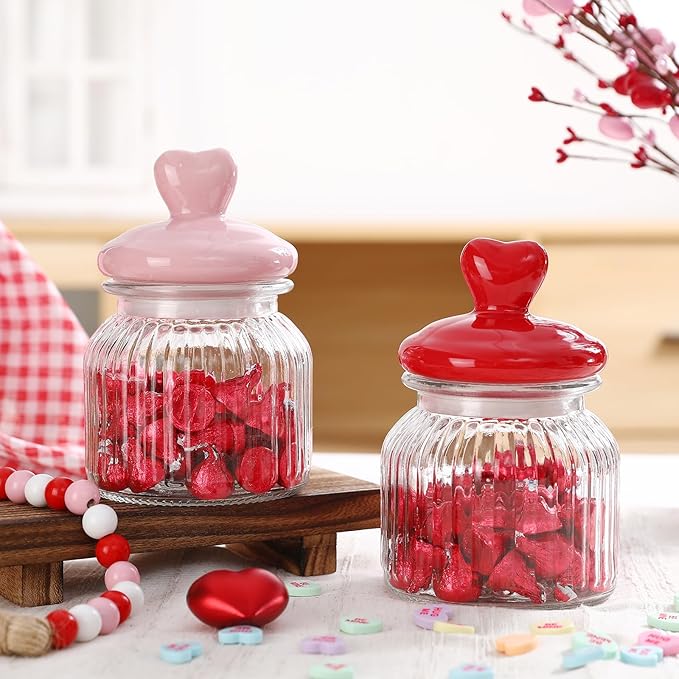 Valentines Day Decorations -2 PCS Glass Jars with Ceramic Heart Lid-Valentines Glass Storage for Chocolate Candy Sweets Gift Table Party Centerpieces Decor