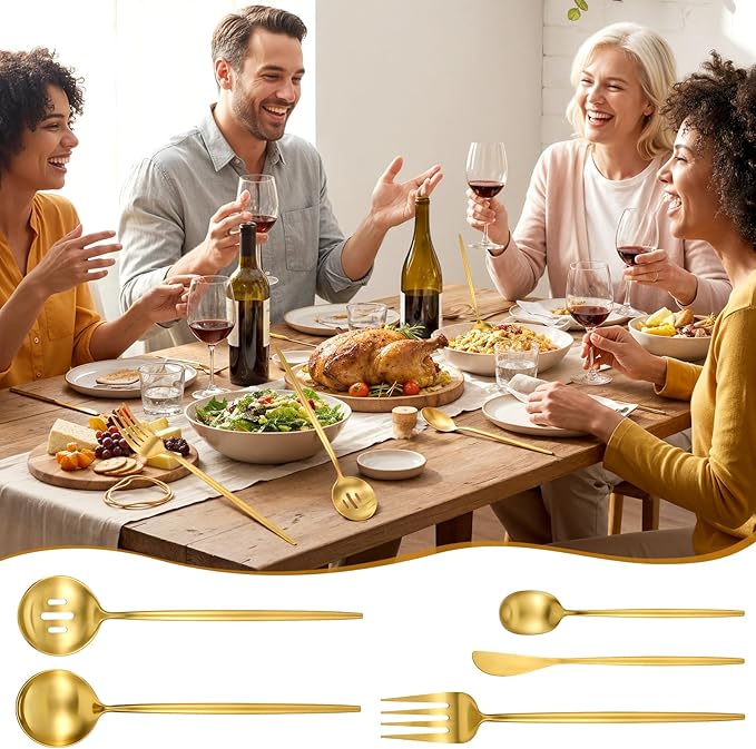5 Pcs Gold Stainless Steel Serving Utensils Set 10 Inch Gold Serving Flatware Set, Includes Servings Fork, Slotted Spoon, Sugar Spoon, Butter Knife for Buffet, Wedding, Party