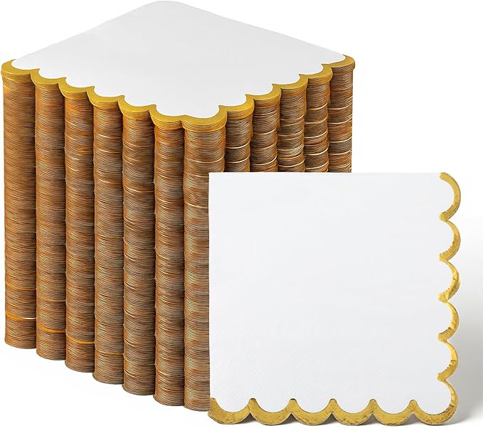 200 Pcs White and Gold Napkins, Scalloped Napkins Cocktail Napkin Paper with Gold Foil Disposable Beverage Napkin Golds Cocktails Napkines Bulk for Dinner Wedding Birthday Party Beverage