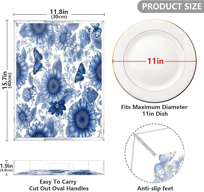 Serving Tray with Handles Clear Acrylic Tray 12x16 Inch Decorative Rectangular Tray Organizer for Ottoman Coffee Table Bathroom Vintage Blue Sunflowers and Butterflies
