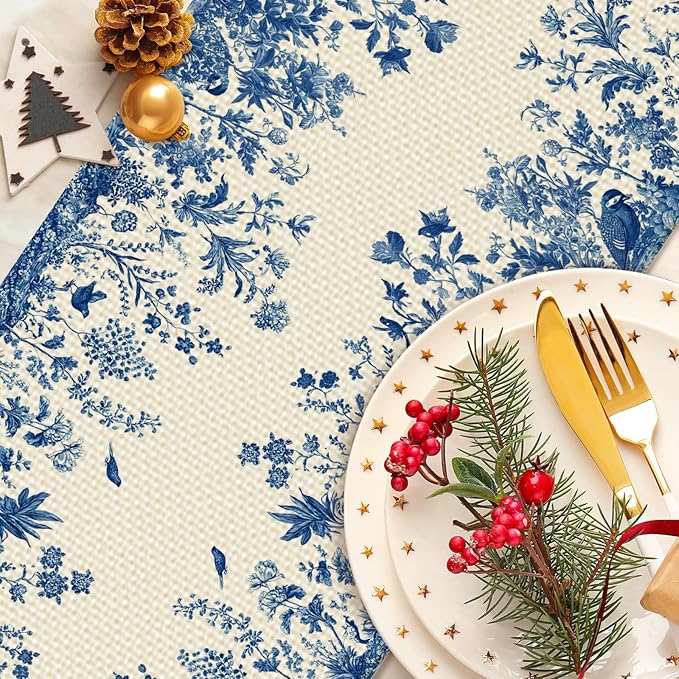 Blue Floral Birds Table Runner Seasonal Spring Kitchen Dining Linen Table Decoration for Indoor Outdoor Home Party Decor 13 x 72 Inch