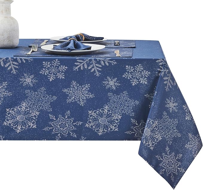 Rectangle Fancy Metallic Sparkling Snowflake Christmas Fabric Table Cloth red Hunter Gold Navy White Silver No-Iron Soil Resistant Woven Holiday Table Cover(Navy Silver/60x120Inch)