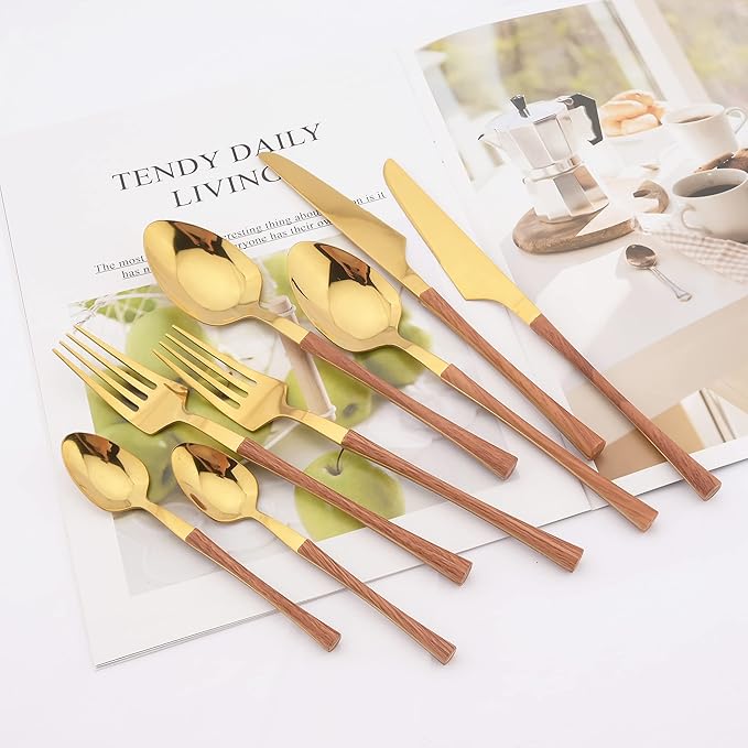 25 PCS Silverware Set with Storage Holder - Family Flatware Set Service for 6 - Gold Stainless Steel Cutlery Set with Wood Grain Handle - Tableware Utensils Set with Hanging Rack - Mirror Polished