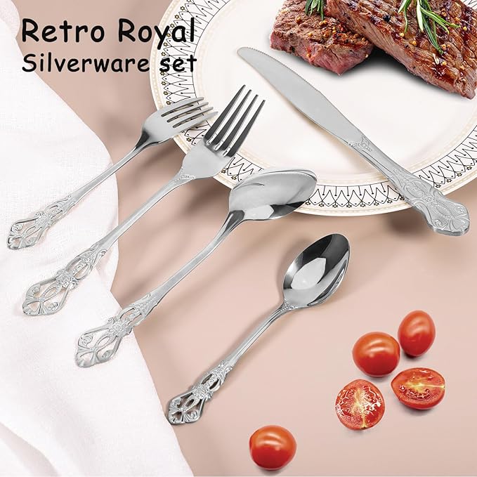 Silverware Set for 8, Stainless Steel Gorgeous Retro Royal Flatware Set, 40-Pieces Cutlery Tableware set, Kitchen utensils set Include Spoons And Forks Set, Mirror Finish, Dishwasher Safe
