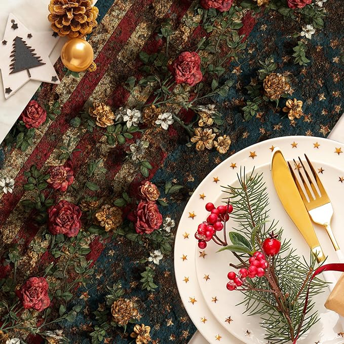 Retro American Flag Table Runner Seasonal Holiday Kitchen Dining Linen Table Decoration for Indoor Outdoor Home Party Decor 13 x 72 Inch
