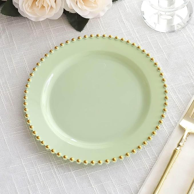 8" Salad Plates - Set of 10 - Plastic Sage Green/Gold Round Disposable Dessert Appetizer Plate Beaded Rim, Ideal for Dinner Party Wedding Bulk Events