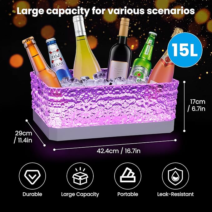 LED Light Up Plastic ice buckets for parties 15L large Clear beverage tub 7-color LED light ice buckets For Champagne Beer Cocktails Family Gathering Bar Nightclub Essential (Ice Texture)