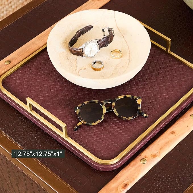 Preston Lane Mayfair Decorative Tray – Vegan Leather with Woven Texture, Brushed Brass Handles – Serving, Dresser & Coffee Table Tray, Espresso