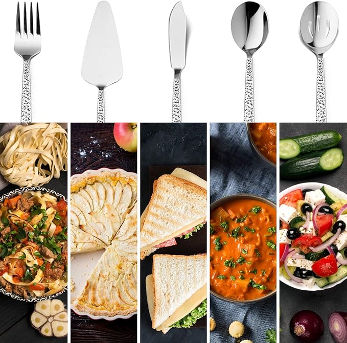 45-Piece Silverware Set with Serving Pieces, E-far Stainless Steel Hammered Flatware Eating Utensils Service for 8, Modern Tableware Cutlery Set with Square Edge, Mirror Polished, Dishwasher Safe