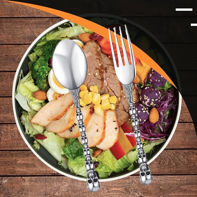 Stainless Steel Flatware Tableware Modern Look Great Gifts For Halloween Easter and Christmas (Silver, SKULLS)